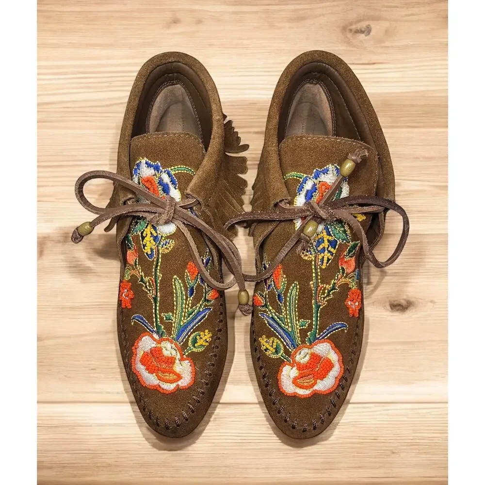 Tory Burch Huntington Beaded Embroidered Fringe Booties Size 6M